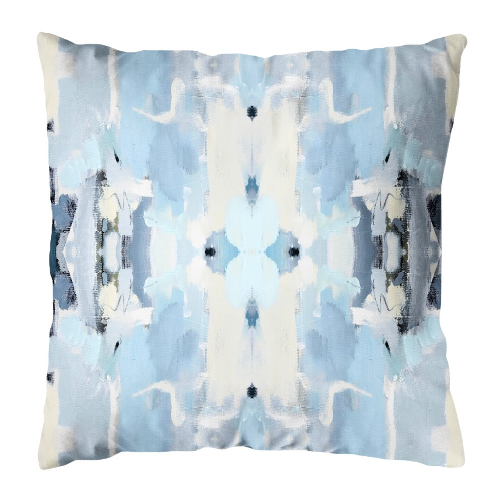 The Outdoor Ocean Breeze Pillow by Laura Park Designs features a fade-resistant abstract blue and white design for outdoors.