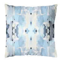 The Outdoor Ocean Breeze Pillow by Laura Park Designs features a fade-resistant abstract blue and white design for outdoors.