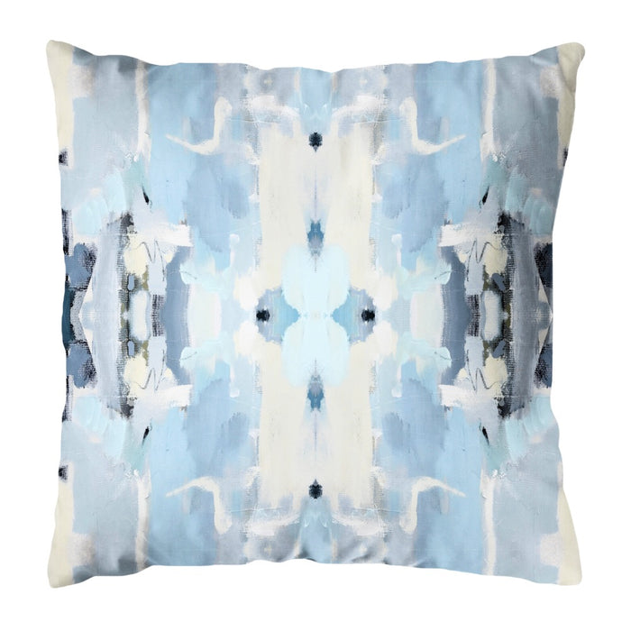 The Outdoor Ocean Breeze Pillow by Laura Park Designs features a fade-resistant abstract blue and white design for outdoors.