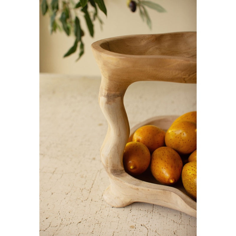 natural two tiered teakwood serving tower
