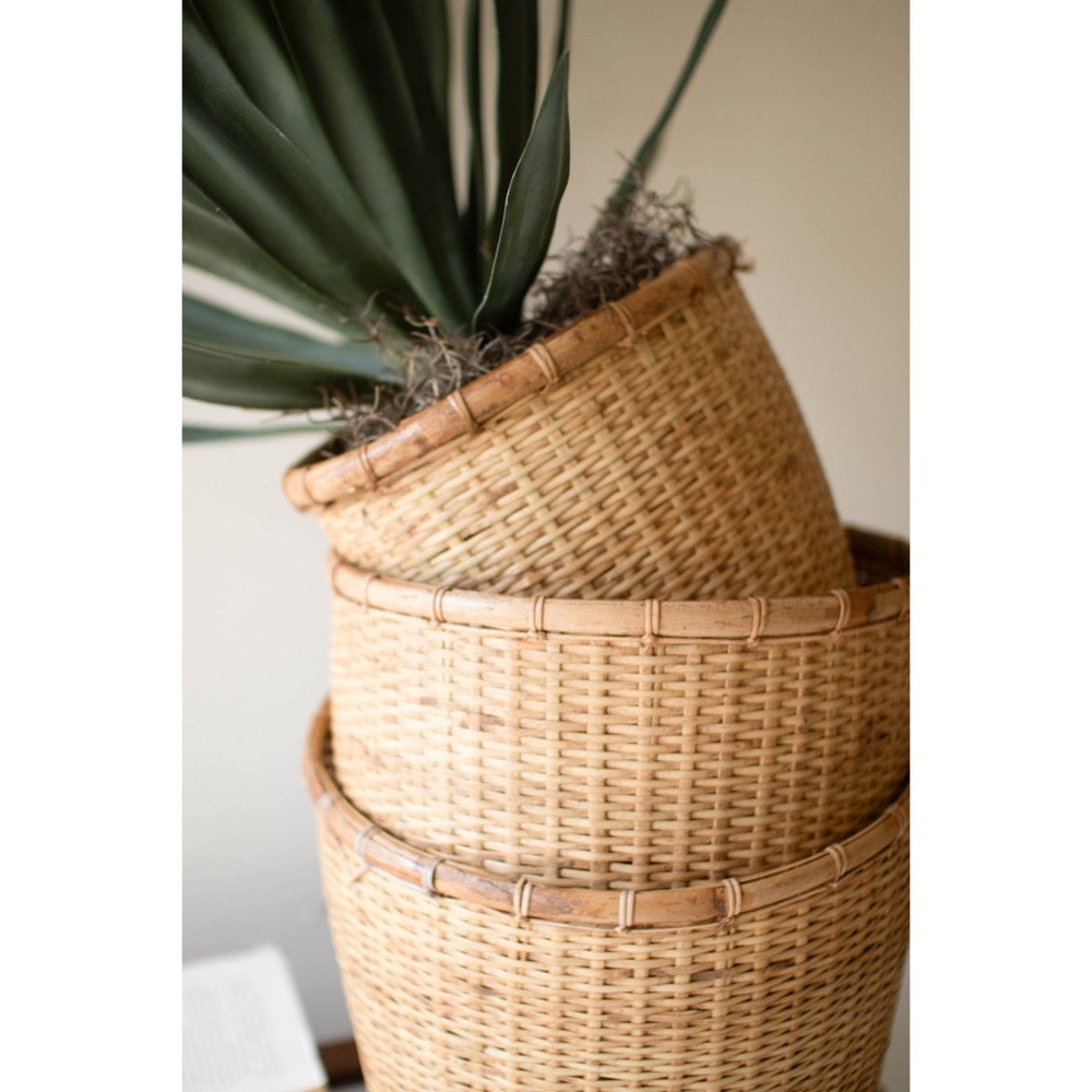 Woven rattan planters with plants against a neutral background