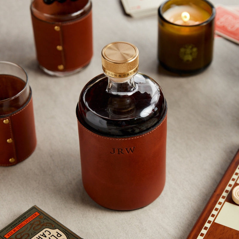 Amber Decanter Set with Wooden Lid and Metal Tray