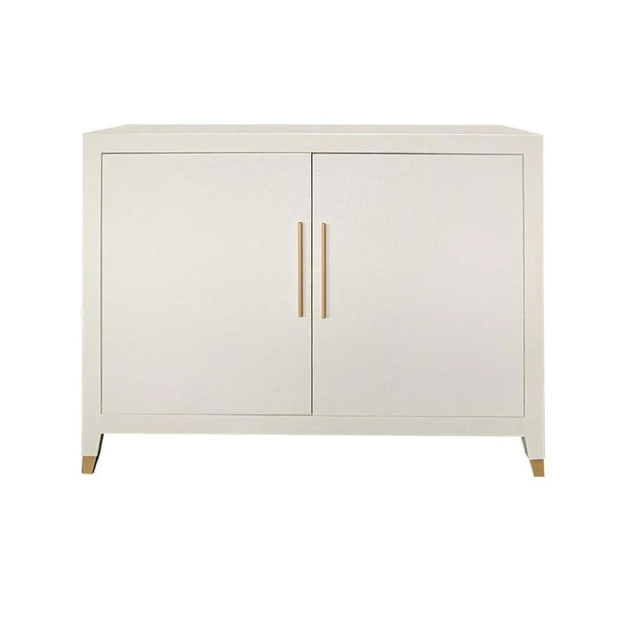 Phillips Scott Delmar White Sand Raffia Cupboard: 2-door, gold handles/accents, shown against a white background.