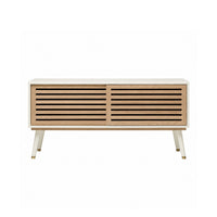 Made Goods Delvin 2 Door Pristine + Bleached Oak Buffet features slatted doors, faux raffia, and angled white legs.