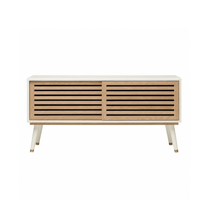 Made Goods Delvin 2 Door Pristine + Bleached Oak Buffet features slatted doors, faux raffia, and angled white legs.