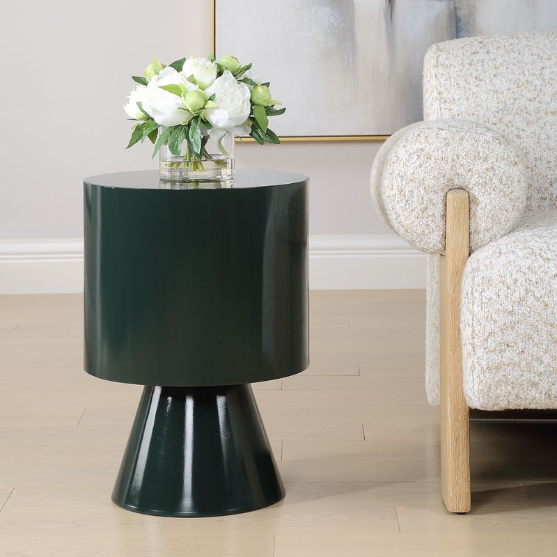 modern accent drink table glossy dark green lacquer round drum-like