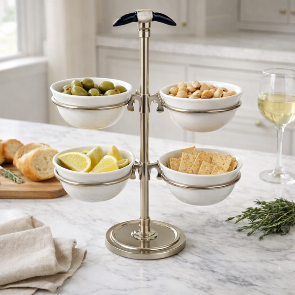 dip serving tower black handle silver white ceramic bowls