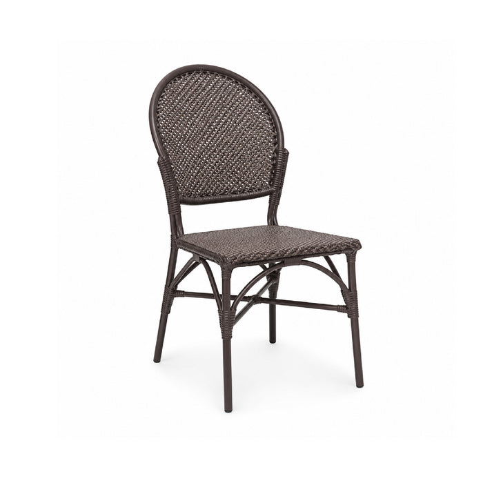 The Donovan Brown Faux Rattan Indoor/Outdoor Chair by Made Goods features an oval back and woven seat on a white background.