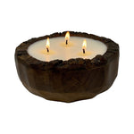 wood candle round brown natural three wick