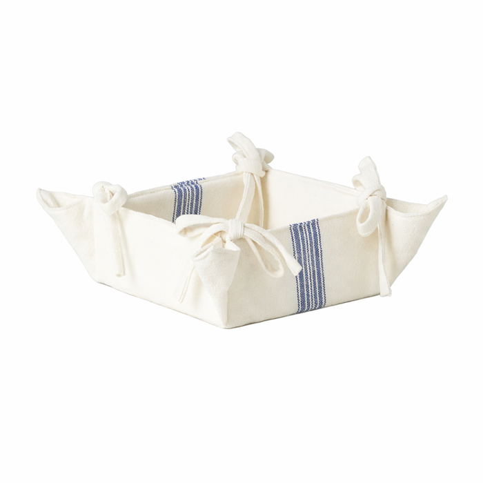 Rectangular fabric napkin tray with blue stripes and white ties on a white background
