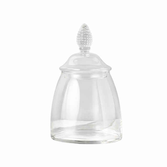 Clear glass jar with a decorative white lid on a white background