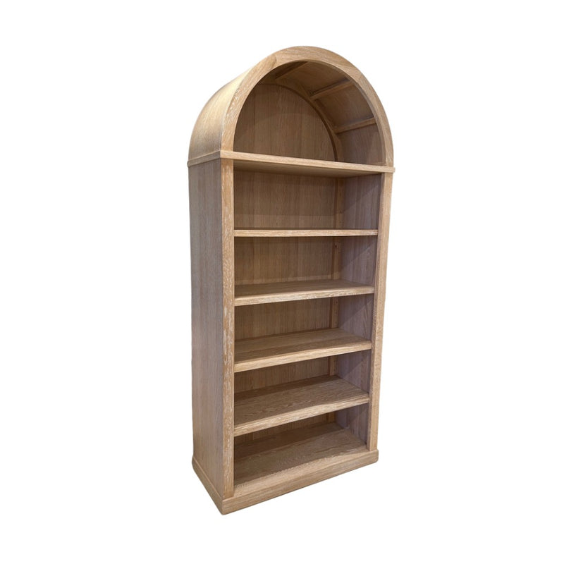 book display shelf unit white wash natural wood adjustable shelves arched top