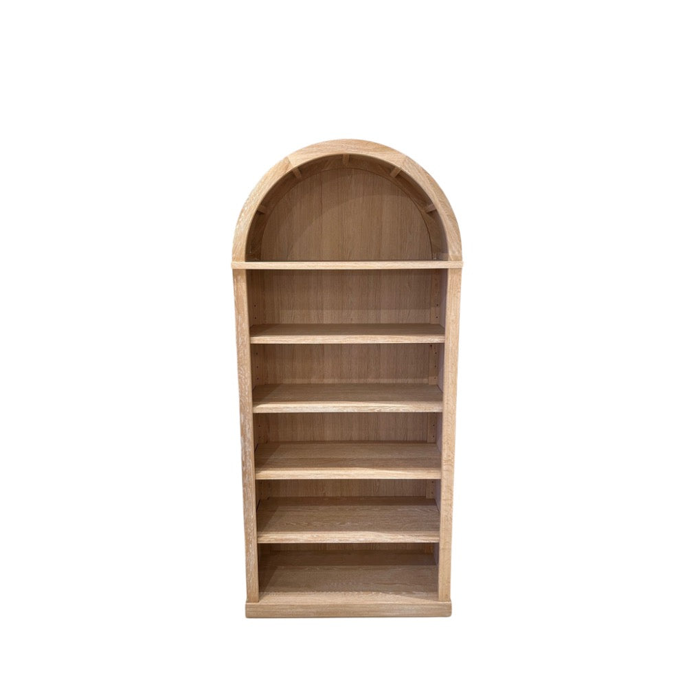book display shelf unit white wash natural wood adjustable shelves arched top