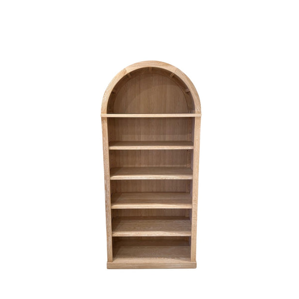 book display shelf unit white wash natural wood adjustable shelves arched top