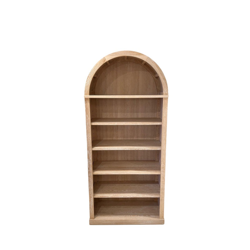 book display shelf unit white wash natural wood adjustable shelves arched top