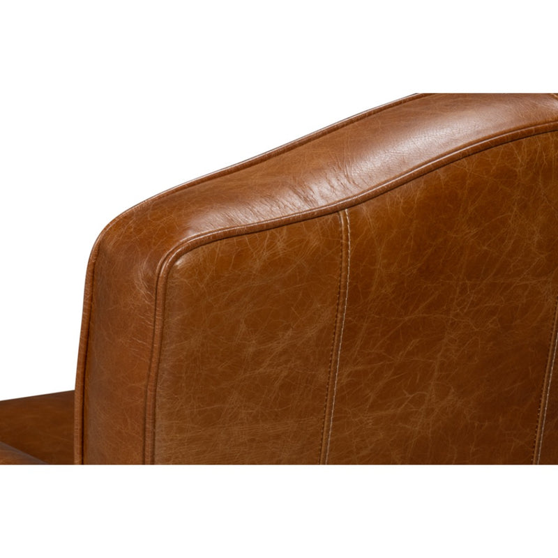 brown leather upholstered swivel chair rounded arms brass nailheads