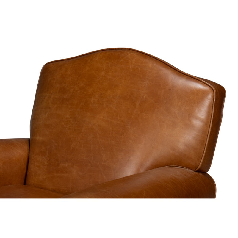 brown leather upholstered swivel chair rounded arms brass nailheads