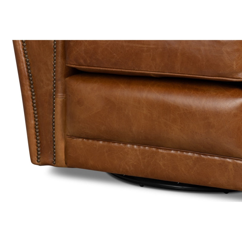 brown leather upholstered swivel chair rounded arms brass nailheads