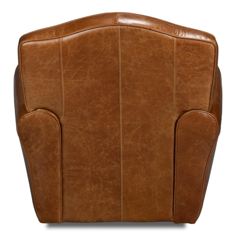 brown leather upholstered swivel chair rounded arms brass nailheads