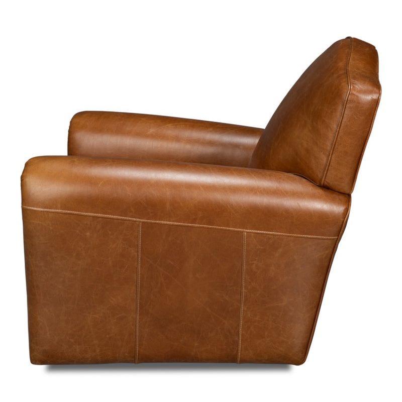 brown leather upholstered swivel chair rounded arms brass nailheads