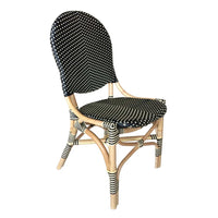 French bistro chair rounded back natural rattan frame black beige woven plastic wrapping Padma's Plantation