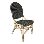 French bistro chair rounded back natural rattan frame black beige woven plastic wrapping Padma's Plantation