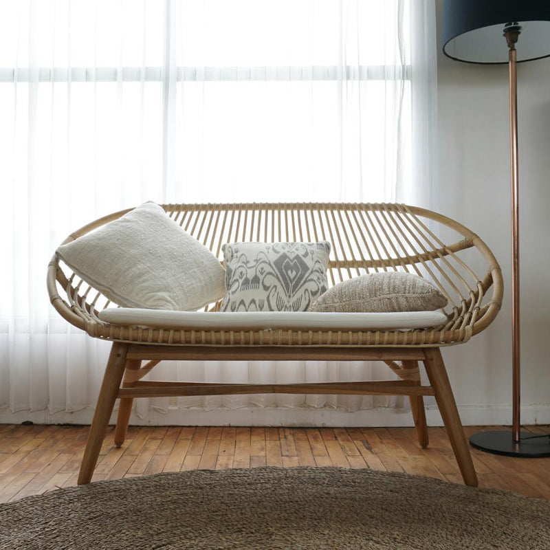 natural rattan sofa bench teak legs x-stretcher