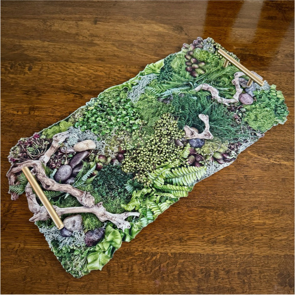 Scenic forest tray on a wooden surface