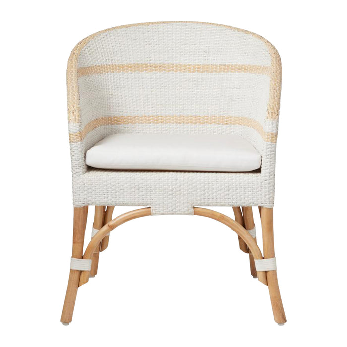 dining chair handwoven peeled rattan white natural striped white cushion