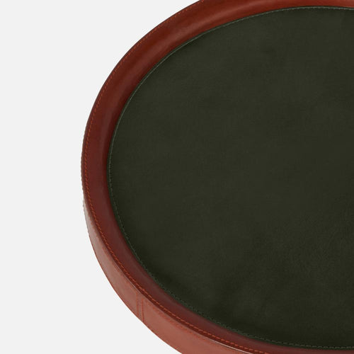 drink table leather brown green stitched round top