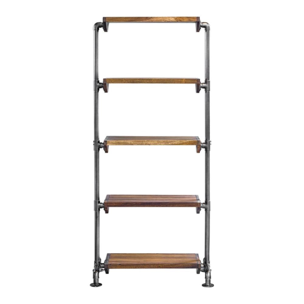 standing shelf unit etagere wood five pipe frame industrial
