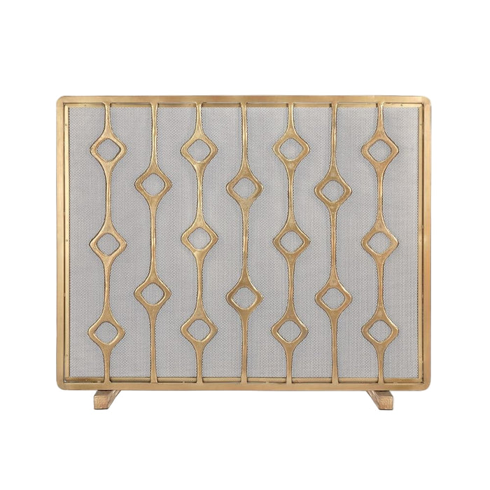 The Made Goods Webster Antique Brass Fireplace Screen features geometric diamonds and mesh, perfect for your hearth.