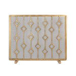 The Made Goods Webster Antique Brass Fireplace Screen features geometric diamonds and mesh, perfect for your hearth.