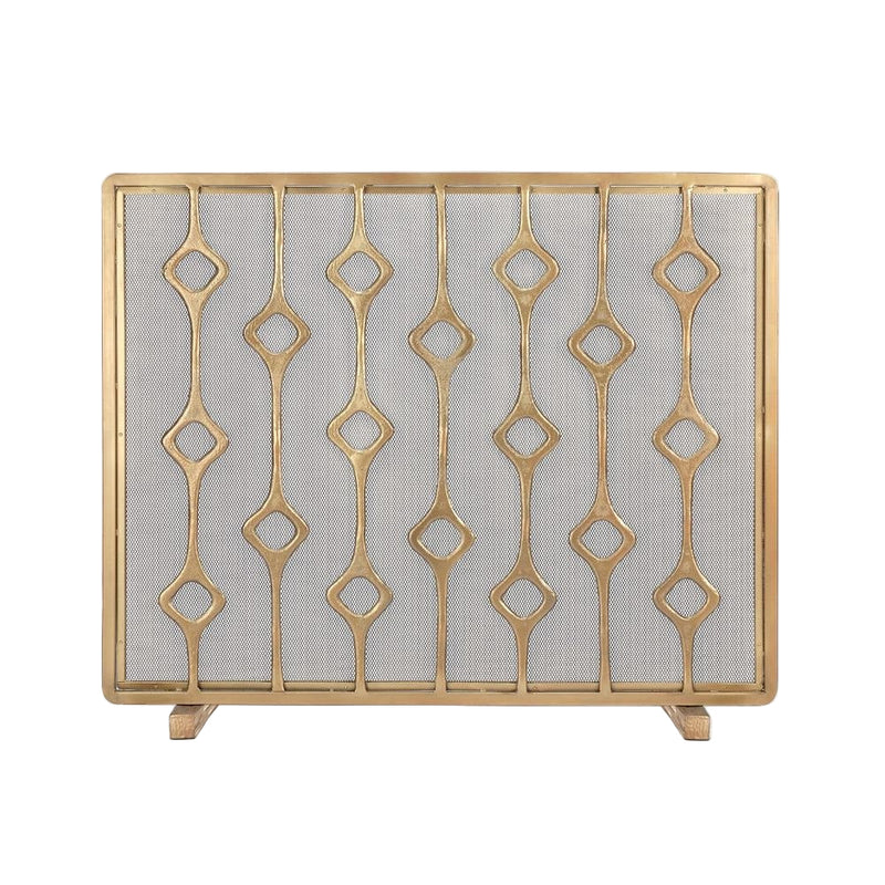 The Made Goods Webster Antique Brass Fireplace Screen features geometric diamonds and mesh, perfect for your hearth.