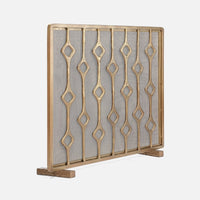 The Made Goods Webster Antique Brass Fireplace Screen features geometric diamonds and mesh, perfect for your hearth.