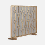 The Made Goods Webster Antique Brass Fireplace Screen features geometric diamonds and mesh, perfect for your hearth.