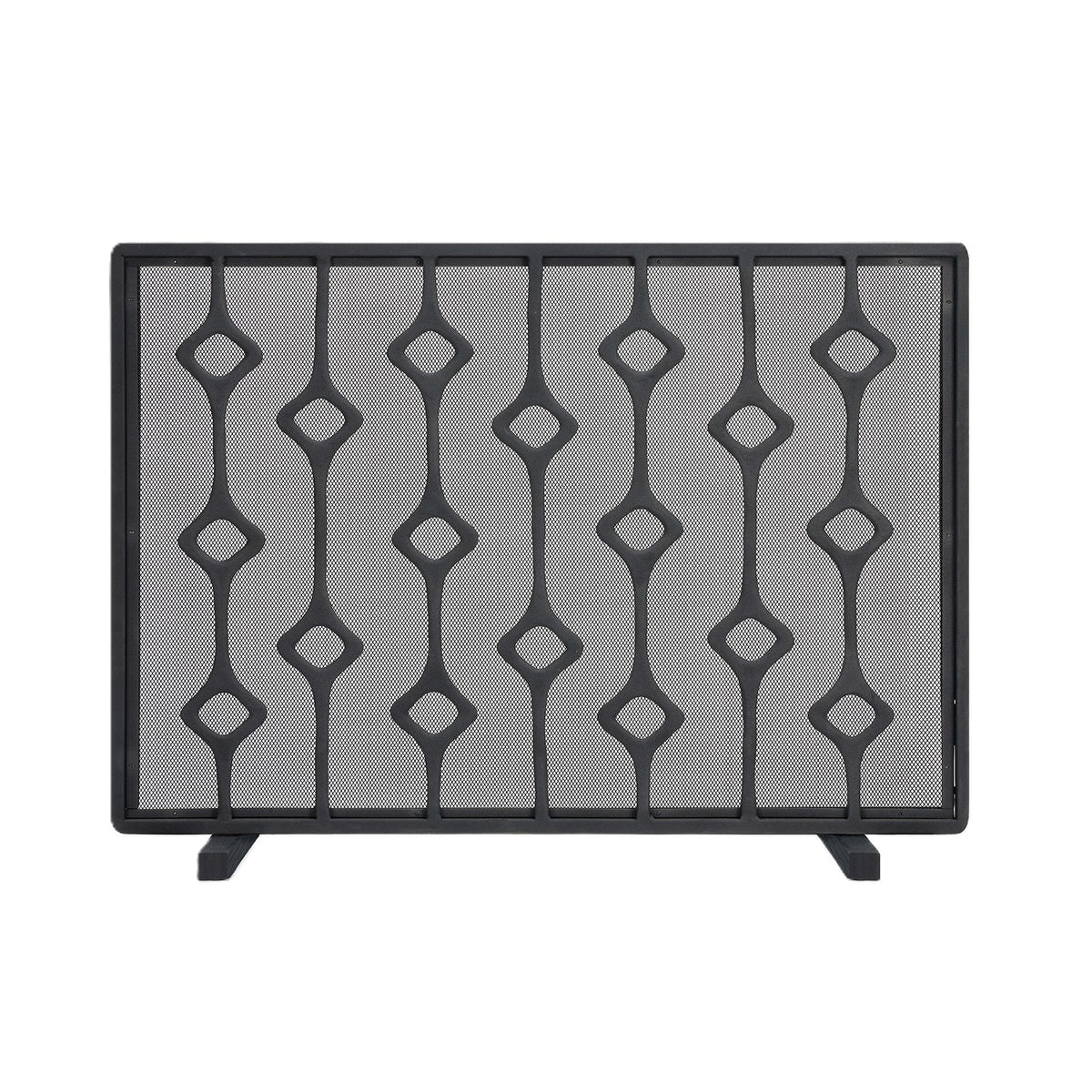 Decorative black metal fireplace screen with geometric pattern on a white background