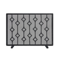 Decorative black metal fireplace screen with geometric pattern on a white background