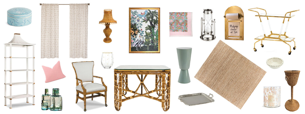 Collage of home decor items including furniture, rugs, lamps, baskets, and wall art on a white background.