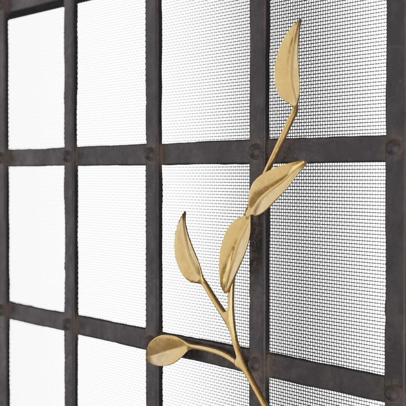 hammered natural iron antique brass details fireplace screen 