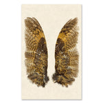 The Owl Wings Grand Format Photography Art from Barloga Studios showcases a detailed illustration of bird wings spread symmetrically against a beige background. The wings display a striking pattern of brown and black feathers with yellow highlights, reminiscent of a golden owl. This design captures natural beauty and intricate detail, making it perfect for unique art pieces or custom orders. Available in both paper and hanging options, it is an exquisite addition to any collection.