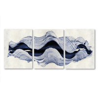 Triptych artwork of a large shell on a beige background