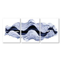 Three-panel abstract art piece with wavy blue and white design on a white background