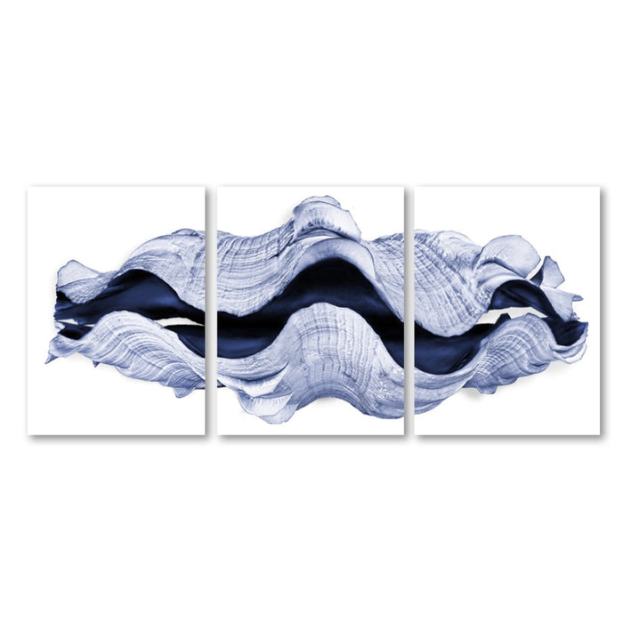 Three-panel abstract art piece with wavy blue and white design on a white background