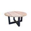 round reclaimed wood dining table black metal base transitional contemporary