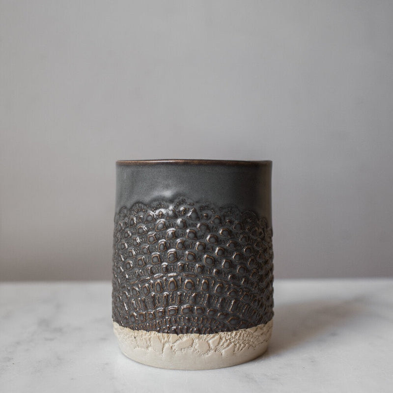 ceramic lace canister gray handmade round