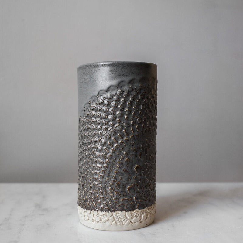 ceramic lace canister gray handmade round