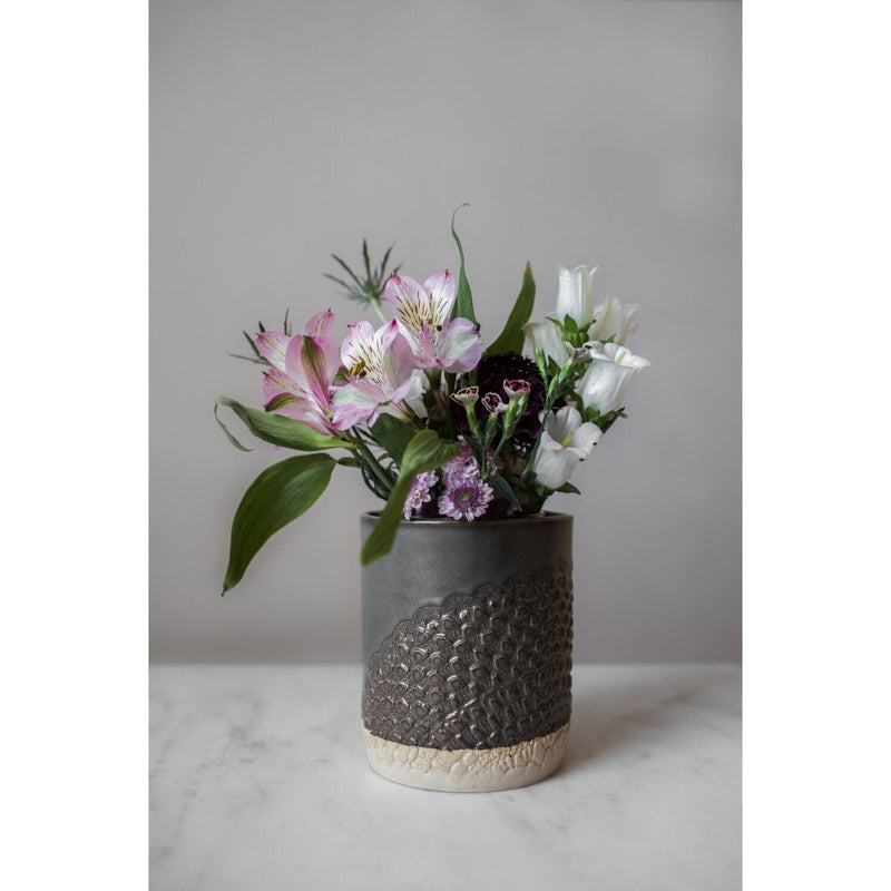 ceramic lace canister gray handmade round