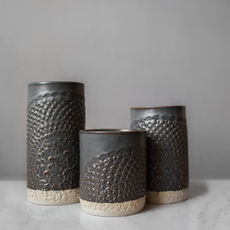 ceramic lace canister gray handmade round