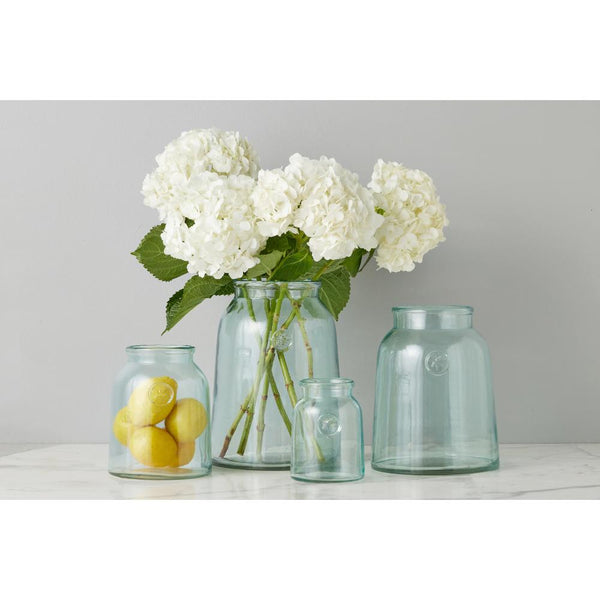 Set of glass jars with flowers and lemons on a light surface against a gray background